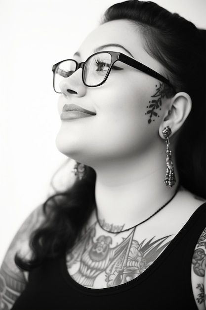 Retrato monocromo de mujer con tatuajes.