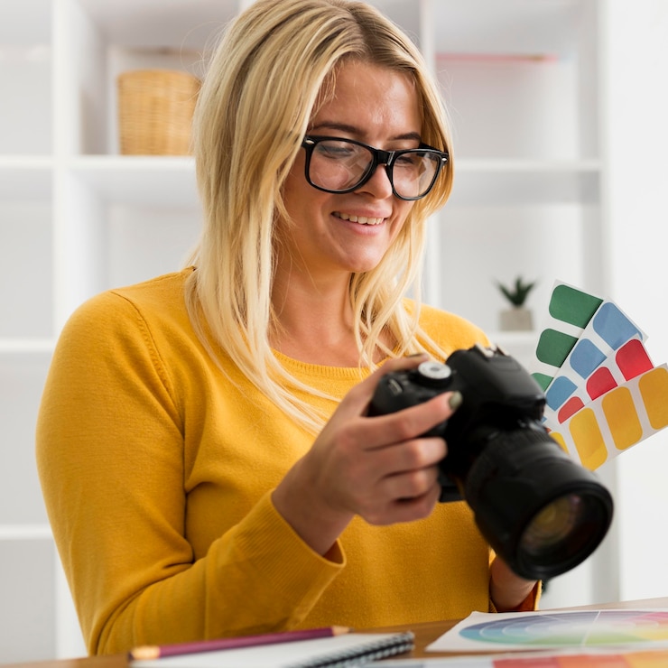 Foto gratuito retrato, de, mujer adulta, tenencia, cámara profesional
