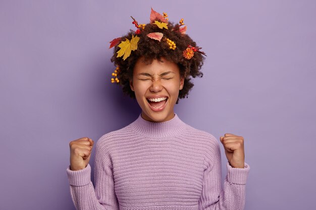 Retrato de mujer afro joven llena de alegría aprieta los puños con éxito, se siente emocionada, tiene un peinado creativo decorado con follaje otoñal, viste un jersey cálido, aislado sobre fondo morado.