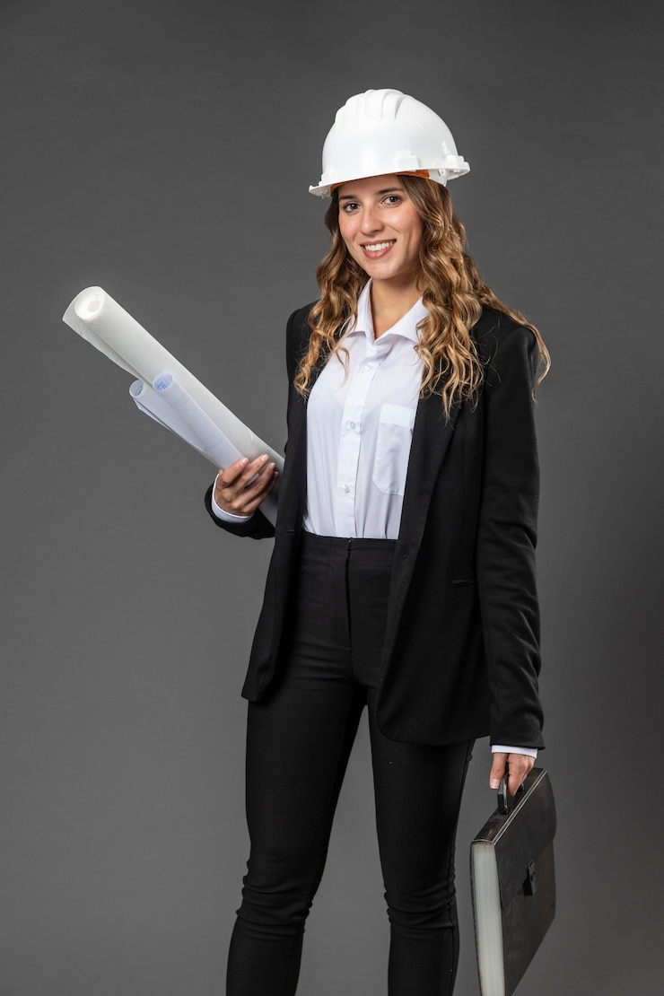 Foto gratuito retrato mujer arquitecto con planos