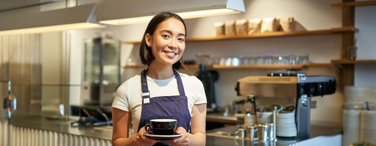 Foto gratuito retrato de una mujer asiática sonriente con delantal barista dándole una taza de café trabajando en una cafetería sirviendo