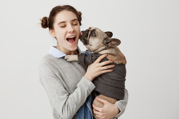 Retrato de mujer bonita extasiada y encantada de su perrito lamiéndose la cara. Felices expresiones faciales de ama de casa divirtiéndose con bulldog francés vestido con suéter. Emociones humanas