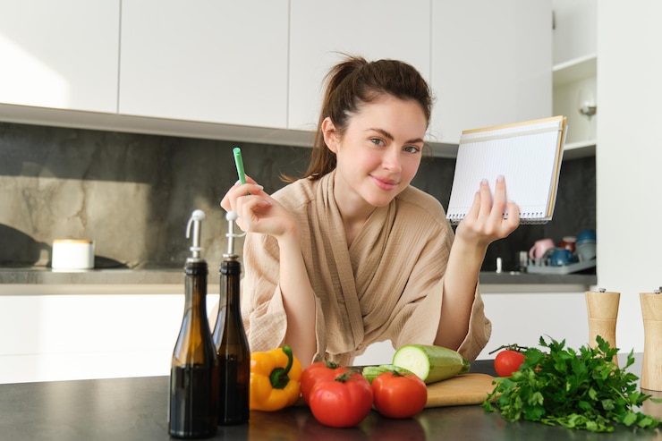 Foto gratuito retrato de una mujer cocinando en la cocina leyendo sus notas revisando la receta mientras prepara la comida