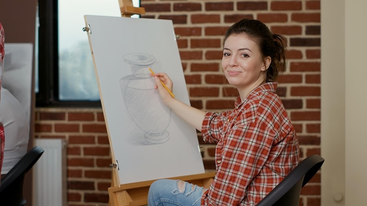 Foto gratuito retrato de una mujer creativa que asiste al programa de clases de arte para dibujar bocetos profesionales sobre lienzo. aula artística para enseñar técnicas y técnicas de dibujo sobre papel como propósitos de año nuevo.