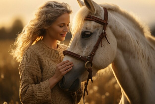 Retrato de una mujer cuidando a su caballo