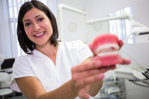 Foto gratuita retrato de mujer dentista sosteniendo un conjunto de prótesis