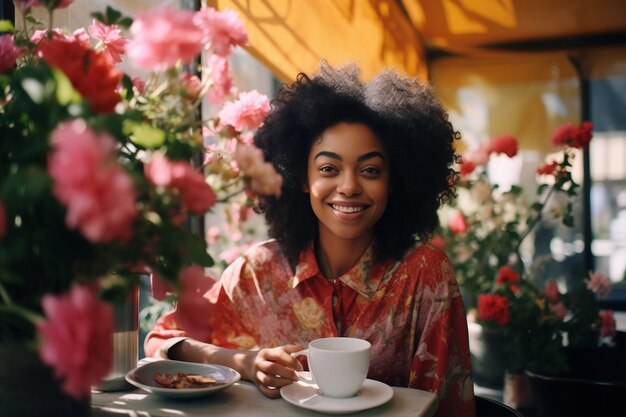 Retrato de una mujer con flores de primavera en flor