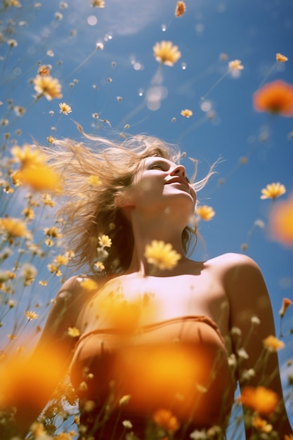 Foto gratuita retrato de una mujer con flores de primavera en flor