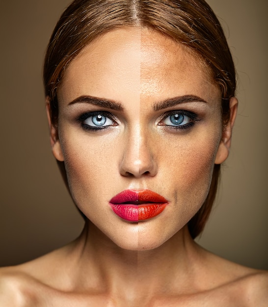 Retrato de mujer hermosa modelo, antes y después del retoque