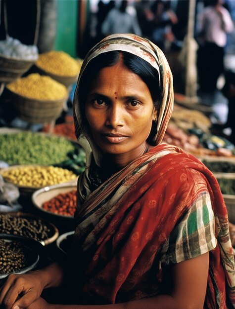 Retrato de mujer india en bazar