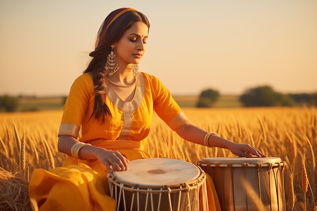 Foto gratuita retrato de una mujer india celebrando el festival de baisakhi