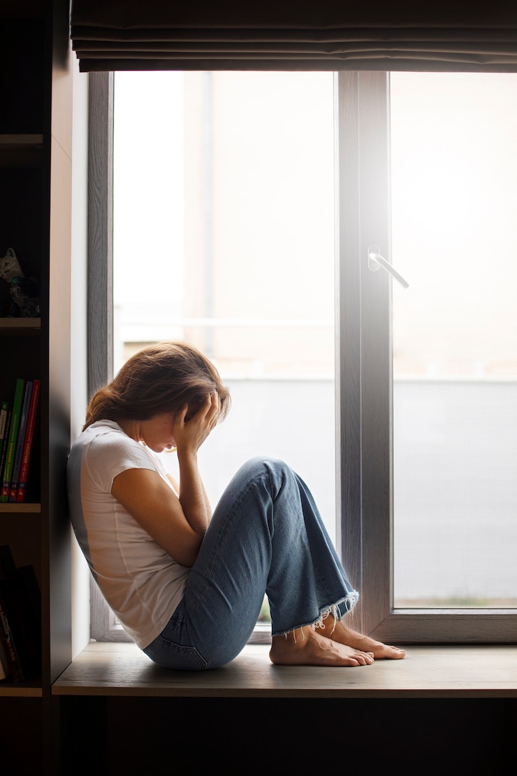 Foto gratuito retrato de mujer joven con baja autoestima sentada junto a la ventana en casa