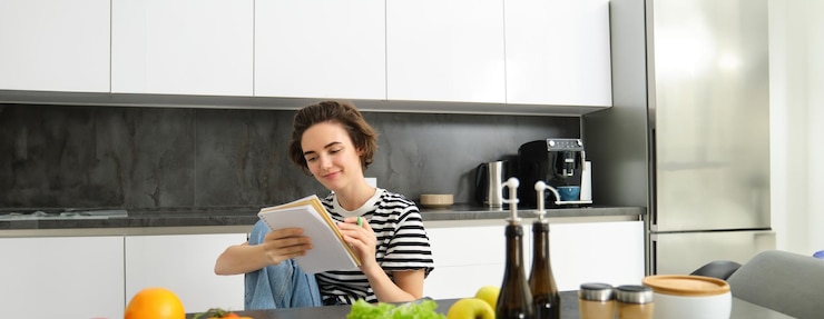 Foto gratuito retrato de una mujer joven cocinando escribiendo notas lista de comestibles en un cuaderno creando una lista de comidas para