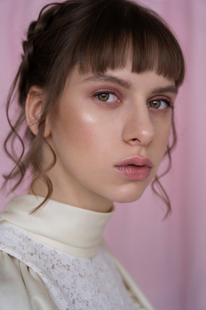 Retrato de mujer joven con estética de jardín romántico.