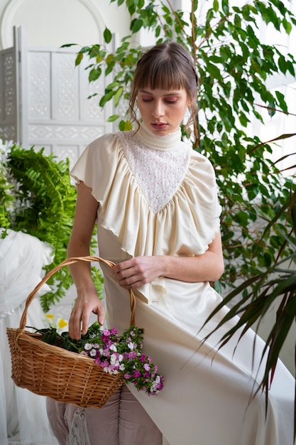 Retrato de mujer joven con flores luciendo un vestido boho chic