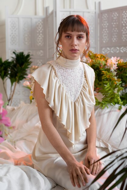 Retrato de mujer joven con flores luciendo un vestido boho chic