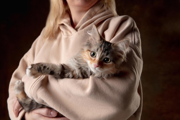 Retrato, de, un, mujer joven, con, un, gatito, en, ella, brazos