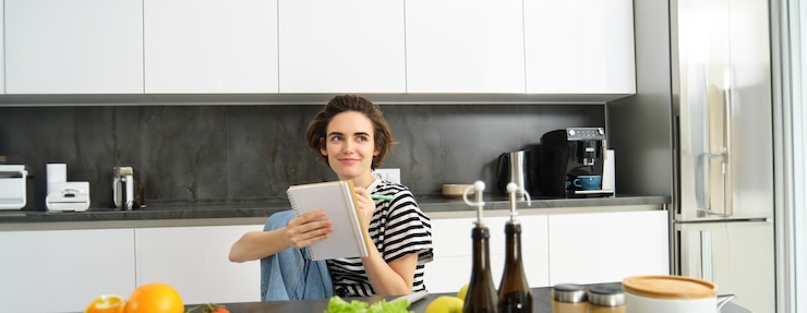 Foto gratuito retrato de una mujer joven mirando los ingredientes de cocina en el mostrador de la cocina y haciendo notas escribiendo