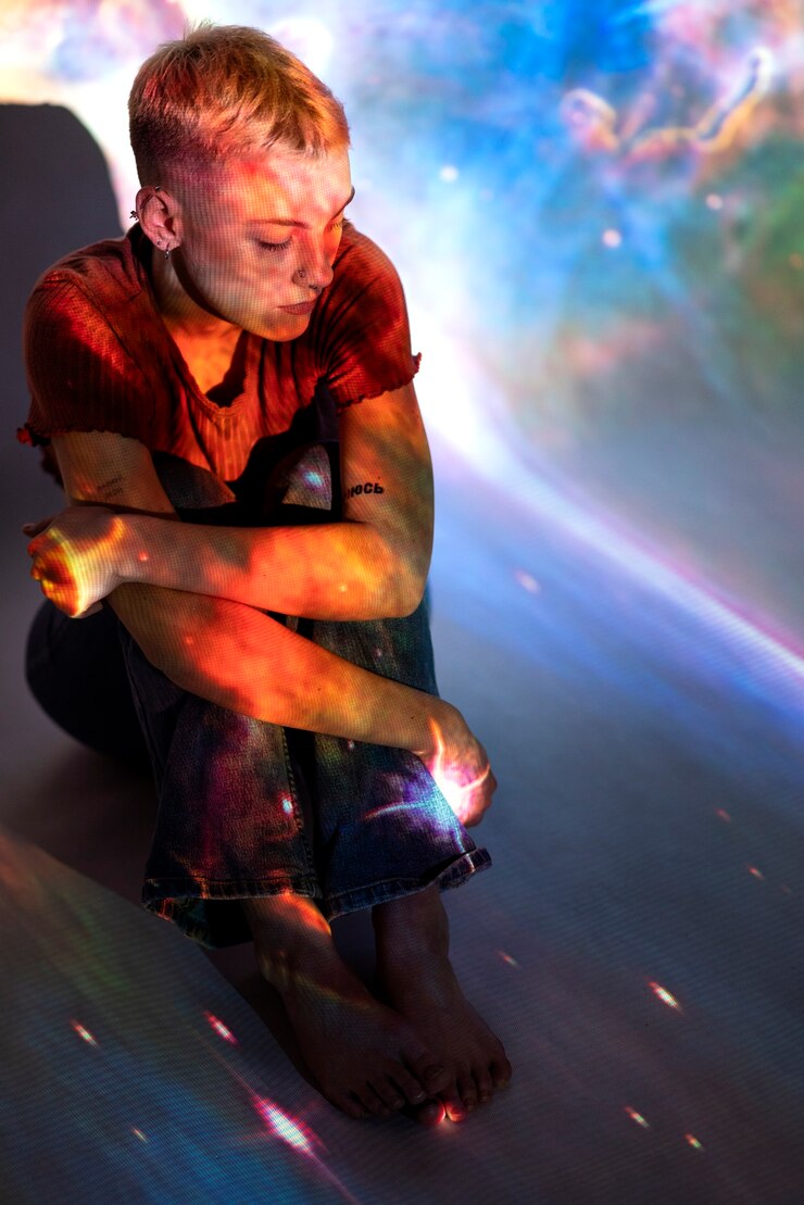 Foto gratuito retrato de mujer joven posando con textura de proyección del universo