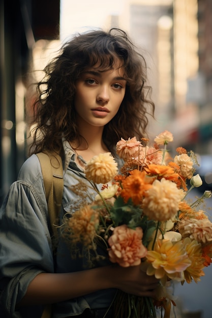 Retrato de mujer joven con ramo de flores
