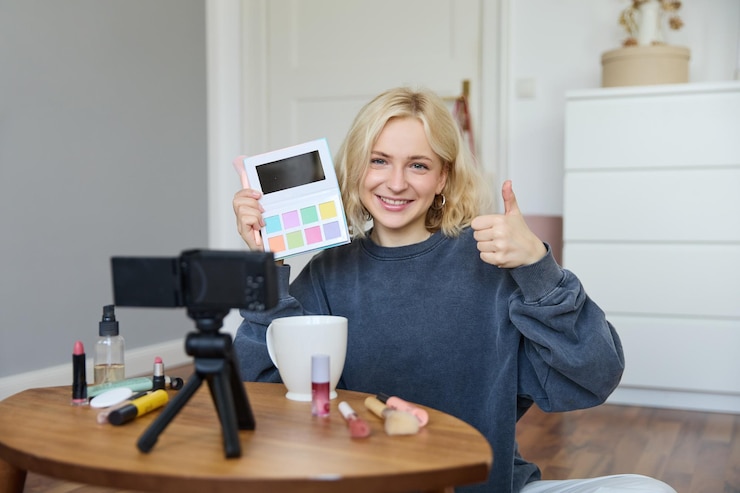 Foto gratuito retrato de una mujer joven sonriente que revisa la paleta de sombra de ojos muestra los pulgares hacia arriba grabando video