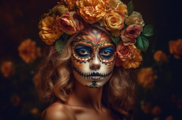 Retrato de una mujer con maquillaje de calavera de azúcar sobre fondo oscuro Disfraz de Halloween y maquillaje Retrato de Calavera Catrina IA generativa