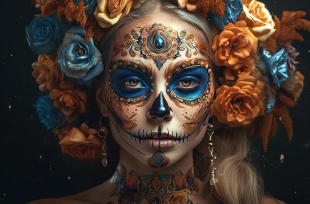 Foto gratuita retrato de una mujer con maquillaje de calavera de azúcar sobre fondo oscuro disfraz de halloween y retrato de maquillaje