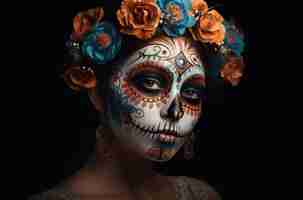 Foto gratuita retrato de una mujer con maquillaje de calavera de azúcar sobre fondo oscuro disfraz de halloween y retrato de maquillaje