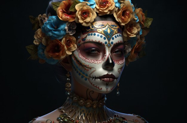 Retrato de una mujer con maquillaje de calavera de azúcar sobre fondo oscuro disfraz de halloween y retrato de maquillaje