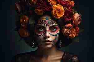 Foto gratuita retrato de una mujer con maquillaje de calavera de azúcar sobre fondo oscuro disfraz de halloween y retrato de maquillaje