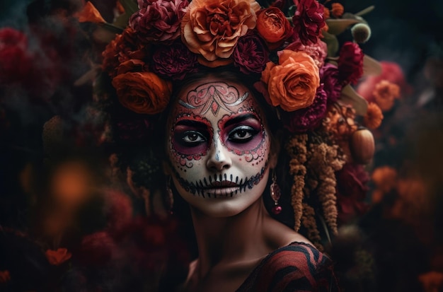 Foto gratuita retrato de una mujer con maquillaje de calavera de azúcar sobre fondo oscuro disfraz de halloween y retrato de maquillaje