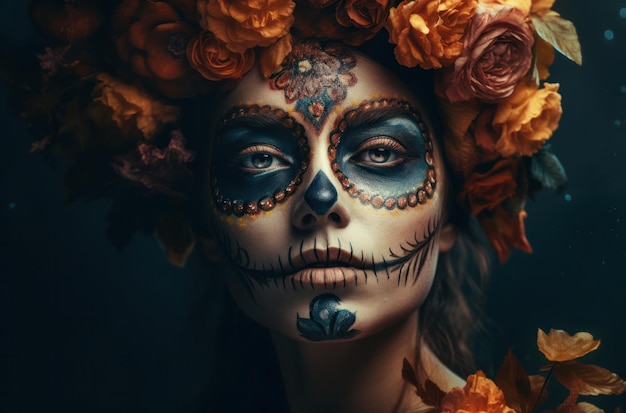 Foto gratuita retrato de una mujer con maquillaje de calavera de azúcar sobre fondo oscuro disfraz de halloween y retrato de maquillaje