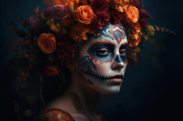 Foto gratuita retrato de una mujer con maquillaje de calavera de azúcar sobre fondo oscuro disfraz de halloween y retrato de maquillaje