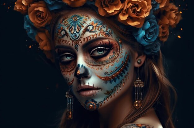 Retrato de una mujer con maquillaje de calavera de azúcar sobre fondo oscuro disfraz de halloween y retrato de maquillaje