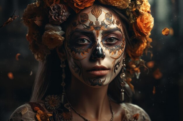 Retrato de una mujer con maquillaje de calavera de azúcar sobre fondo oscuro disfraz de halloween y retrato de maquillaje