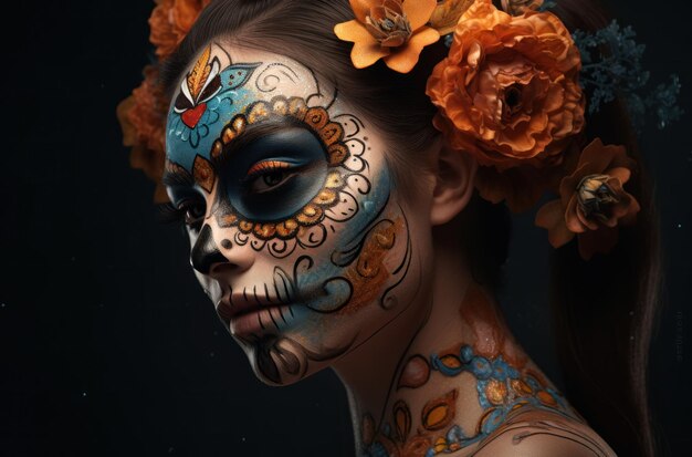 Retrato de una mujer con maquillaje de calavera de azúcar sobre fondo oscuro disfraz de halloween y retrato de maquillaje