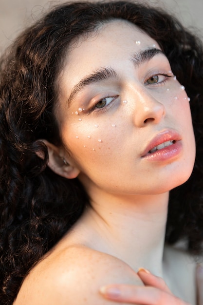 Retrato mujer con maquillaje de perlas