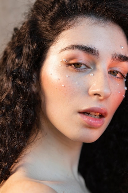 Retrato mujer con maquillaje de perlas