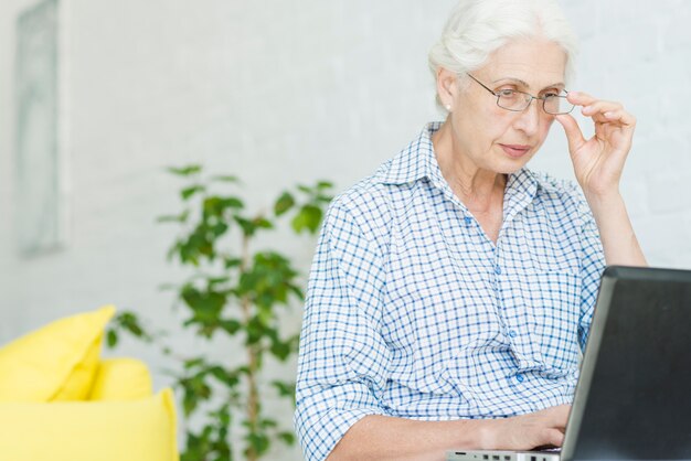 Retrato de una mujer mayor que mira la computadora portátil