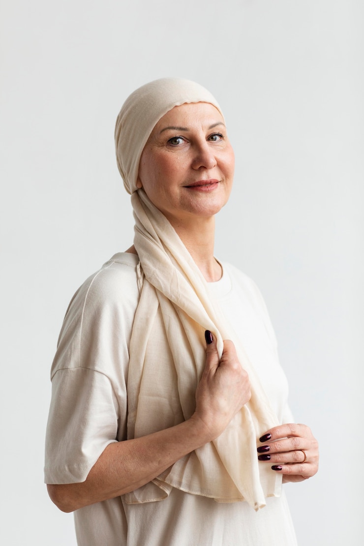 Foto gratuito retrato de mujer de mediana edad con cáncer de piel