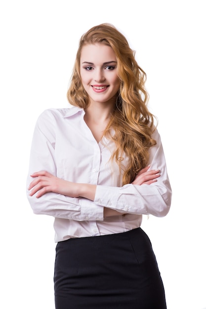 Retrato de mujer de negocios sonriente, aislado sobre fondo blanco.