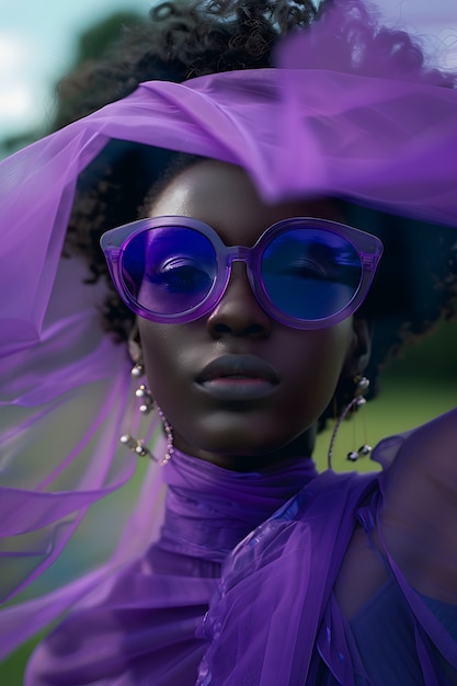 Foto gratuita retrato de una mujer con prendas de moda de color lavanda para el color del año