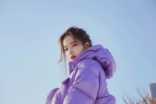 Retrato de una mujer con prendas de moda de color lavanda para el color del año