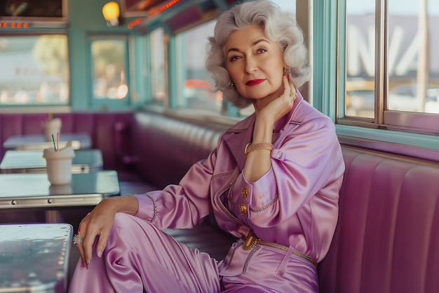 Retrato de una mujer con prendas de moda de color lavanda para el color del año