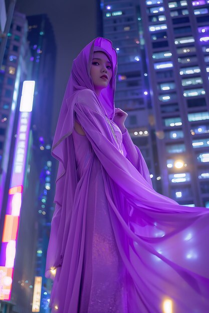 Retrato de una mujer con prendas de moda de color lavanda para el color del año