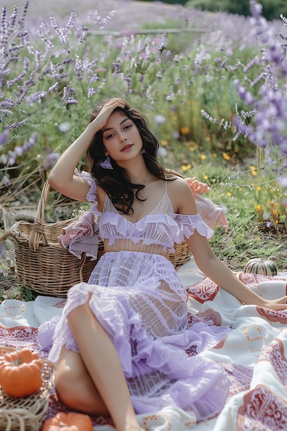 Retrato de una mujer con prendas de moda de color lavanda para el color del año