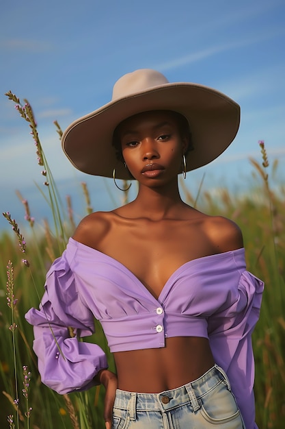 Retrato de una mujer con prendas de moda de color lavanda para el color del año