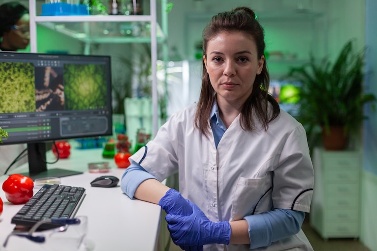 Foto gratuito retrato de mujer químico en bata blanca trabajando en laboratorio farmacéutico
