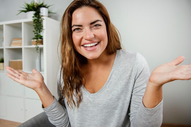 Retrato, mujer, reír