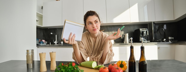 Retrato de una mujer revisando la lista de compras mirando verduras sosteniendo una receta de lectura de cuaderno mientras